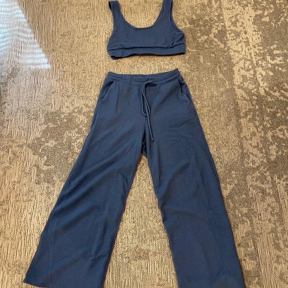 Lulu's Sweet Slumber Denim Blue Ribbed Two-Piece Pajama Set - Picture 2 of 5